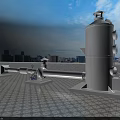 Industrial Rooftop Equipment Featuring White Cylindrical Tank Pipes and City Skyline