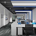 Modern Office Front Reception Desk With White Counter Company Logo And Blue Cabinets