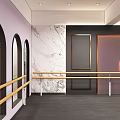 Dance School Studio With Arch Windows Ballet Barres Gray Flooring And Pink Dark Walls