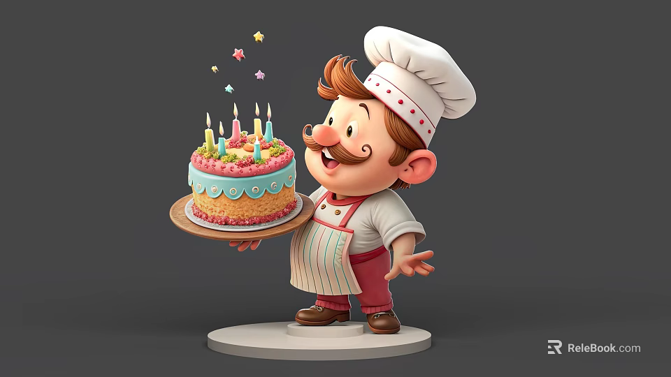 Cartoon Chef Man Holding Birthday Cake With Lit Candles And Flying Stars 3d model 