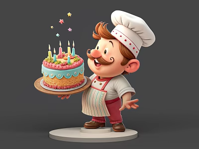 Cartoon Chef Man Holding Birthday Cake With Lit Candles And Flying Stars 3d model