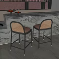Modern Bar Counter With Marble Top And Wicker Back Bar Stools With Orange Cushions