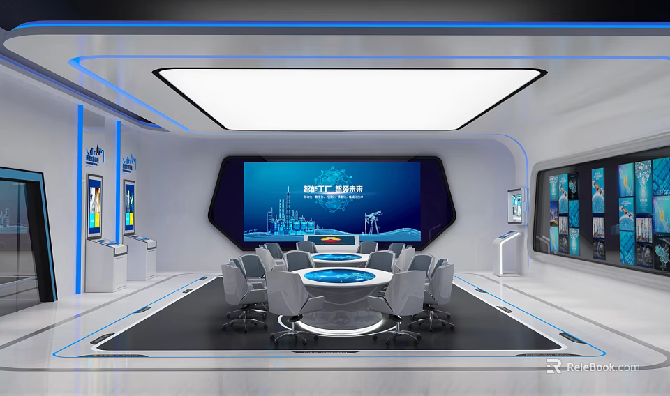 Modern Conference Room Interior Design With Round Table Chairs Large Screen And Tech Displays 3d model