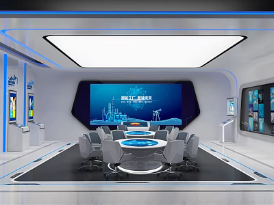 Modern Conference Room Interior Design With Round Table Chairs Large Screen And Tech Displays 3d model