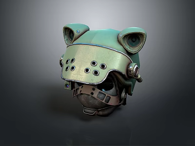 Green Tactical Weapon Helmet With Mechanical Design Ear Like Structures And Metal Parts 3d model