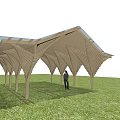 Modern Wooden Pergola With Curved Slats Supporting Columns Person Standing Under Grassland Trees Blue Sky
