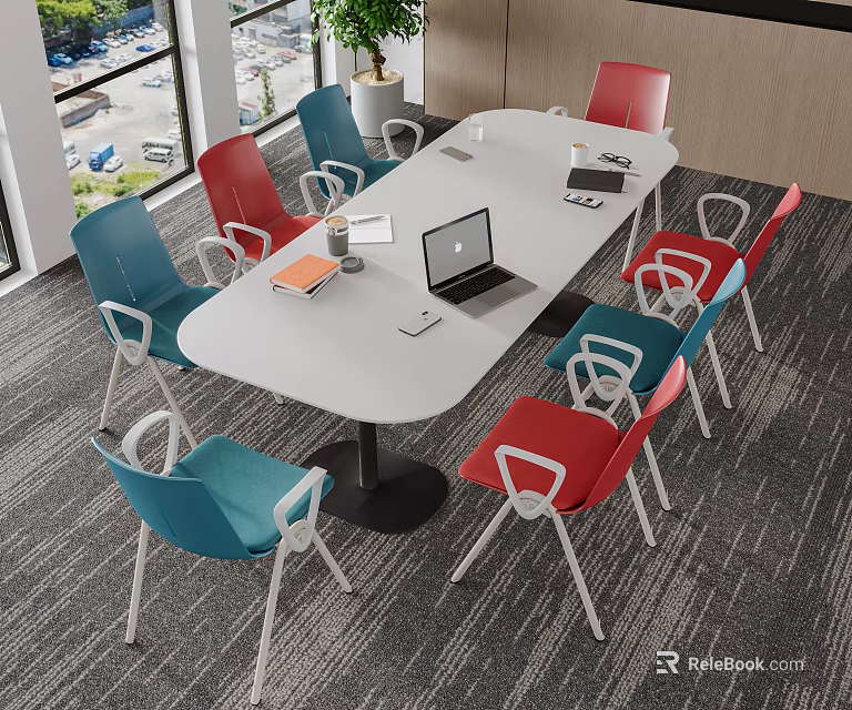 White Conference Table With Red Blue Chairs Laptop Documents Stationery Modern Office Window View 3d model 