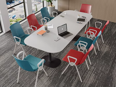 White Conference Table With Red Blue Chairs Laptop Documents Stationery Modern Office Window View 3d model