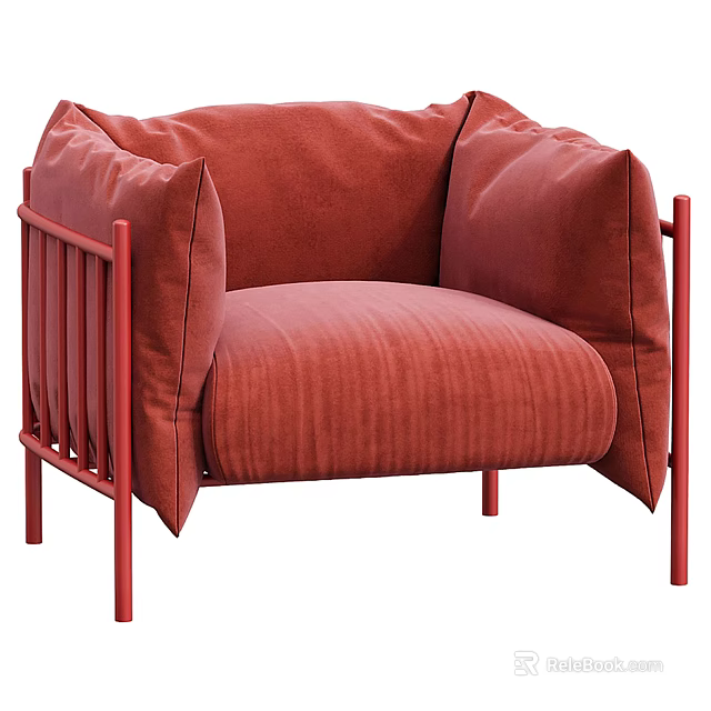 Modern Red Fabric Single Sofa With Metal Frame And Plush Cushions 3d model 