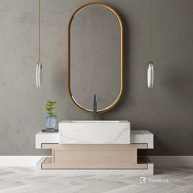 Elegant Washbasin with Oval Gold Frame Mirror Pendant Lights and Small Plant on Marble Countertop 3d model 