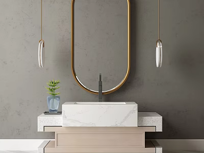Elegant Washbasin with Oval Gold Frame Mirror Pendant Lights and Small Plant on Marble Countertop 3d model