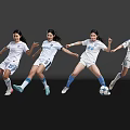 Women Soccer Players In White Sportswear With Dynamic Movements And Soccer Balls Against Black Background