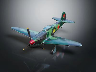 Detailed Military Airplane Model With Green Camouflage Red Nose And Red Stars On Wings 3d model