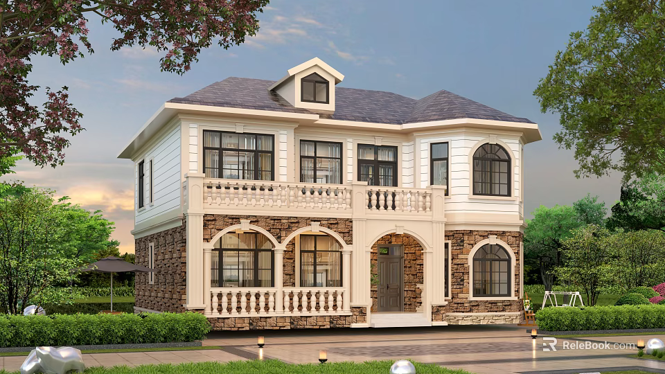 Exquisite Two Story Detached Villa With White Exterior Stone Base And Balcony Railings 3d model 