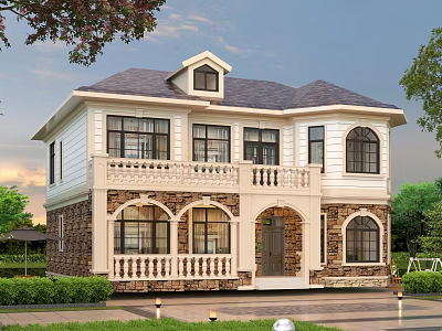 Exquisite Two Story Detached Villa With White Exterior Stone Base And Balcony Railings 3d model