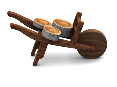 Rustic Wooden Wheelbarrow With Stacked Logs And Single Wheel Structure 3d model