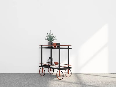 Black Mobile Cart With Green Plant And Small Items On White Wall Gray Floor 3d model