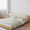 Modern Bedroom Interior With Beige Headboard Wooden Frame Light Green Patterned Quilt And White Curtains