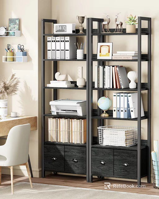 Home Office Shelf Unit With Binders Books Printer Globe Photo Frame And Basket 3d model 