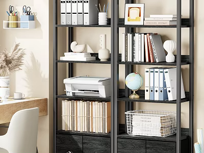 Home Office Shelf Unit With Binders Books Printer Globe Photo Frame And Basket 3d model