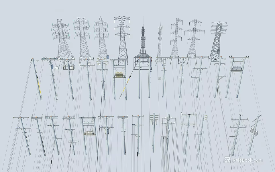 Public Electrical Facilities With Multiple Transmission Towers And Utility Poles For Power Transmission 3d model 