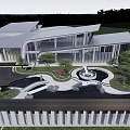 Modern Sales Office Building Featuring Water Pool Fountain Green Plants and Beautiful Surrounding Landscape 3d model