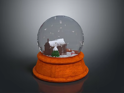 Decorative Snow Globe With Small Snow Covered House Green Tree And Wooden Base 3d model