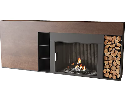 Modern Fireplace With Built in Storage Wooden Cabinet Firewood And Flames 3d model