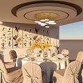 Elegant Round Dining Table Set With White Tablecloth Yellow Flowers And Calligraphy Decor 3d model
