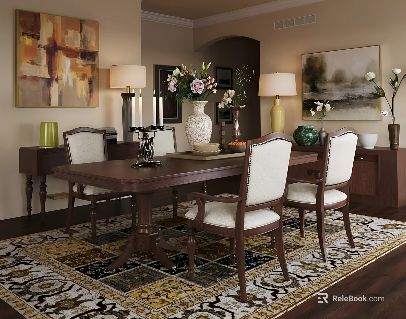 Elegant Dining Room With Wooden Table Upholstered Chairs Lamps Paintings And Decorative Rug 3d model 