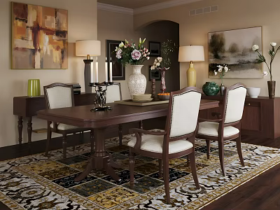 Elegant Dining Room With Wooden Table Upholstered Chairs Lamps Paintings And Decorative Rug 3d model