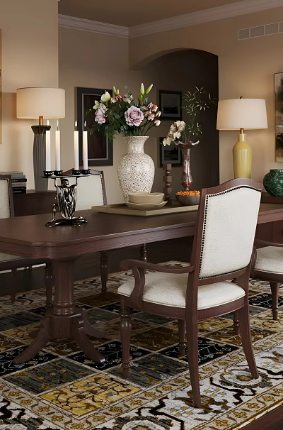 Elegant Dining Room With Wooden Table Upholstered Chairs Lamps Paintings And Decorative Rug 3d model