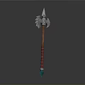 Medieval Axe Weapon with Wooden Handle Red Decorations Metal Head and Green Gemstone