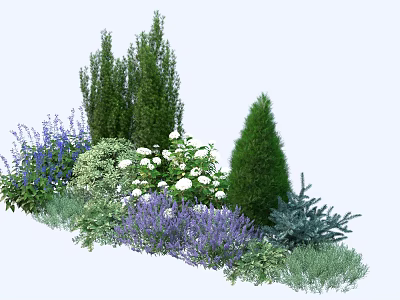 Diverse Garden Shrubs With Green Coniferous Plants Purple Lavender And White Blooms 3d model