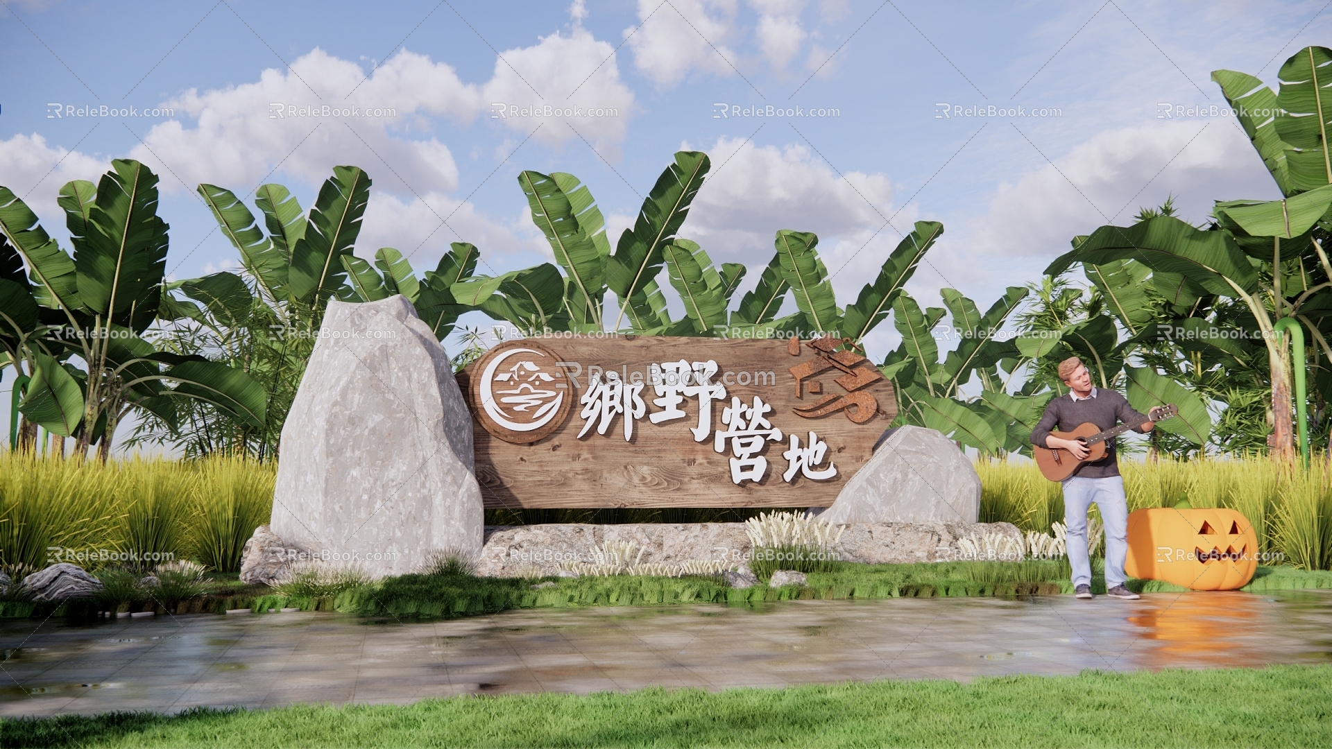 Camp entrance landscape wall gabion cultural landscape wall park entrance landscape rubble logo low wall cultural landscape wall 3d model