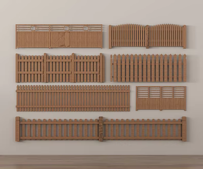 Wooden Fences With Various Designs And Styles Displayed On White Background 3d model