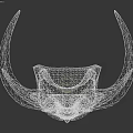 Three Dimensional Demon Skull Sculpture with Large Horns Red Eyes Tusks Gray Tone Carved Artwork
