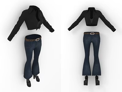 Stylish Black Cropped Jacket And Blue Flared Jeans With Brown Belt And Black Shoes 3d model