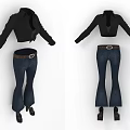 Stylish Black Cropped Jacket And Blue Flared Jeans With Brown Belt And Black Shoes
