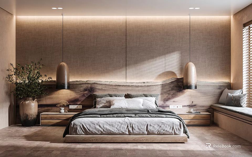 Modern Serene Bedroom Interior With Wooden Bedhead Pendant Lights And Potted Plant 3d model 