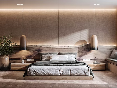 Modern Serene Bedroom Interior With Wooden Bedhead Pendant Lights And Potted Plant 3d model