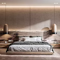 Modern Serene Bedroom Interior With Wooden Bedhead Pendant Lights And Potted Plant