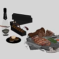 Delicious Steak and Macaroons Served with Fresh Rosemary Champagne and Chocolate Treats on Tray