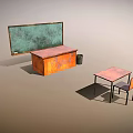 Classroom Scene With Teacher Desk Student Desk Chair And Green Blackboard