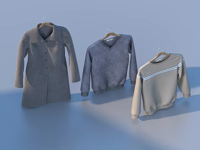 Stylish Winter Clothes Coat Sweater Sweatshirt in Neutral Tones on Hangers 3d model