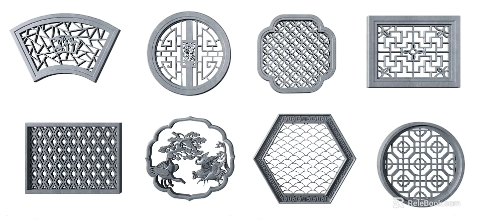 Traditional Chinese Decorative Window Grilles with Various Shapes and Intricate Patterns 3d model 