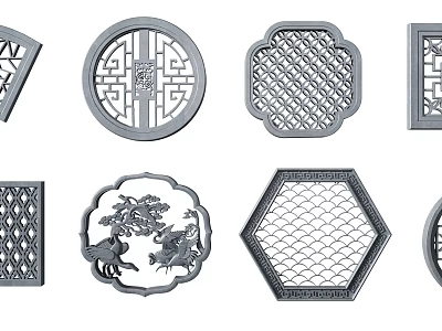 Traditional Chinese Decorative Window Grilles with Various Shapes and Intricate Patterns 3d model