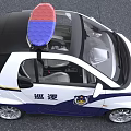 Small White And Blue Police Car With Roof Mounted Lights And License Plate