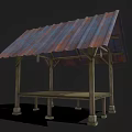 Wooden Shelter Structure With Corrugated Metal Roof Supporting Pillars And Platform Base