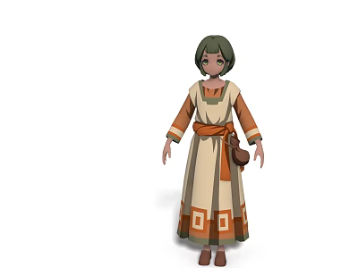 Woman With Green Hair In Beige And Orange Long Dress With Geometric Patterns And Belt 3d model